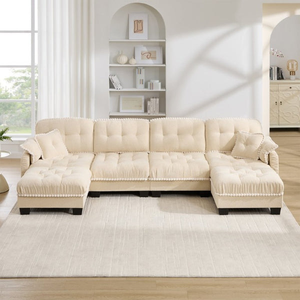 English Elm Chenille Cloud Sectional with Quilted Tufting Pom-Pom Accents and Versatile Ottoman Beige W714S01895