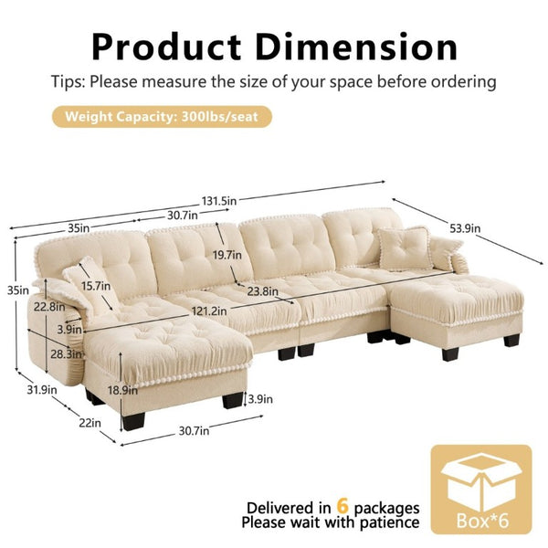 English Elm Chenille Cloud Sectional with Quilted Tufting Pom-Pom Accents and Versatile Ottoman Beige W714S01895
