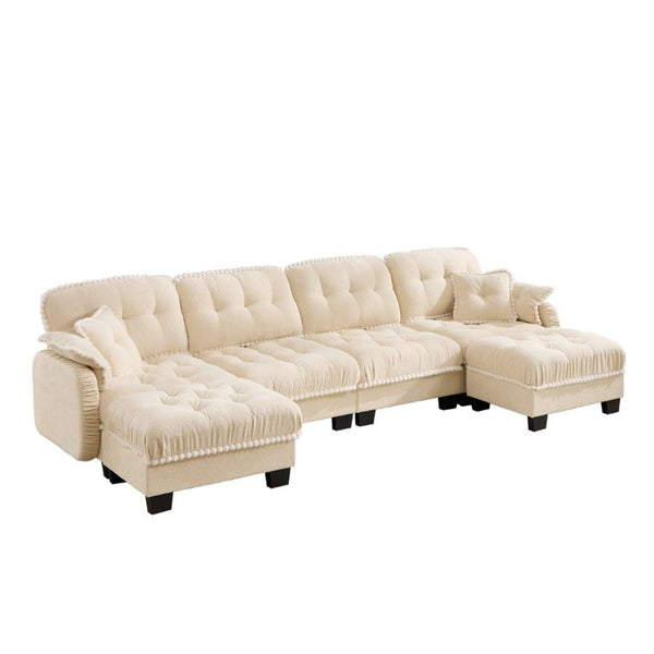 English Elm Chenille Cloud Sectional with Quilted Tufting Pom-Pom Accents and Versatile Ottoman Beige W714S01895