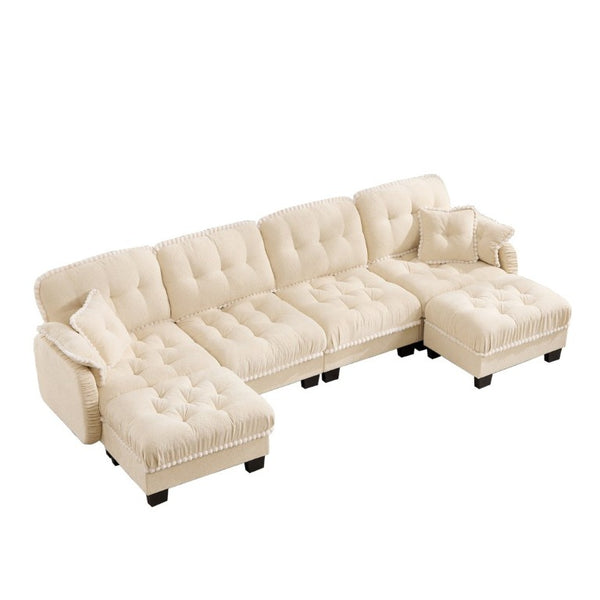 English Elm Chenille Cloud Sectional with Quilted Tufting Pom-Pom Accents and Versatile Ottoman Beige W714S01895