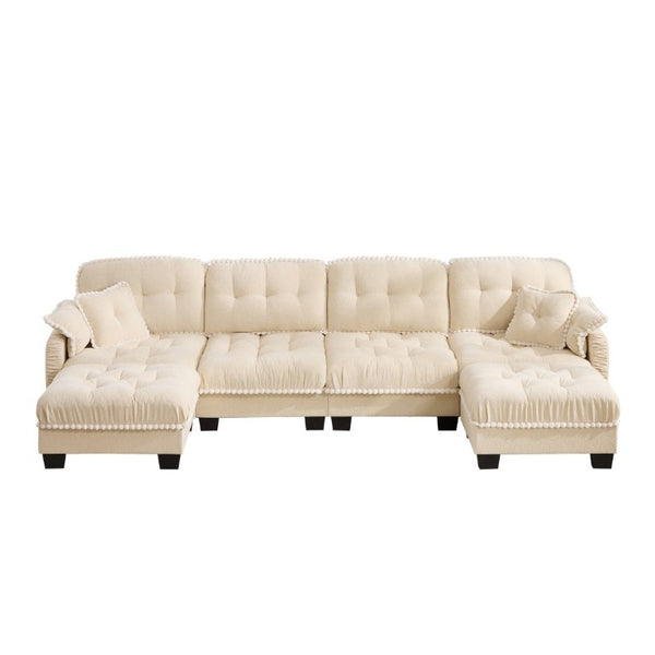 English Elm Chenille Cloud Sectional with Quilted Tufting Pom-Pom Accents and Versatile Ottoman Beige W714S01895