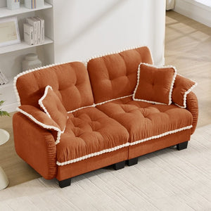 English Elm Chenille Cloud Loveseat with Pom Trim Quilted Tufted Cushions and Ottoman for Compact Living Orange W714S01896