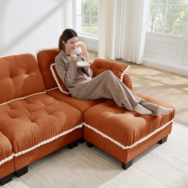 English Elm Chenille Cloud Loveseat with Pom Trim Quilted Tufted Cushions and Ottoman for Compact Living Orange W714S01896