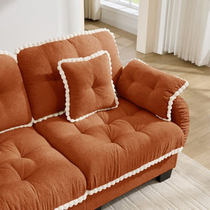 English Elm Chenille Cloud Loveseat with Pom Trim Quilted Tufted Cushions and Ottoman for Compact Living Orange W714S01896