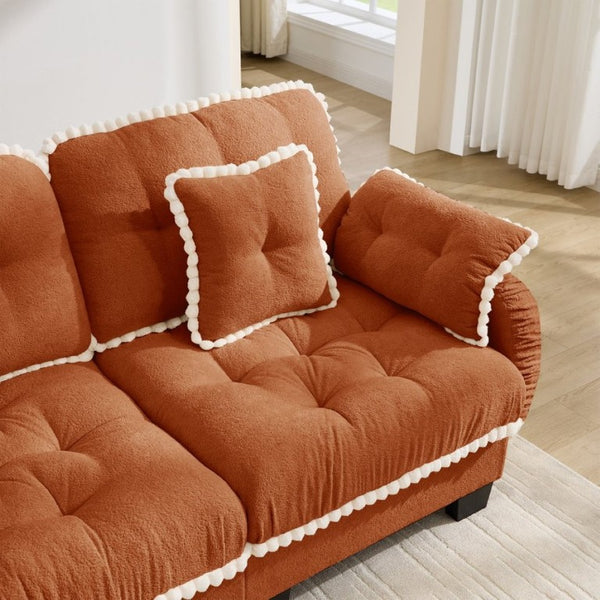 English Elm Chenille Cloud Loveseat with Pom Trim Quilted Tufted Cushions and Ottoman for Compact Living Orange W714S01896