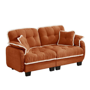 English Elm Chenille Cloud Loveseat with Pom Trim Quilted Tufted Cushions and Ottoman for Compact Living Orange W714S01896