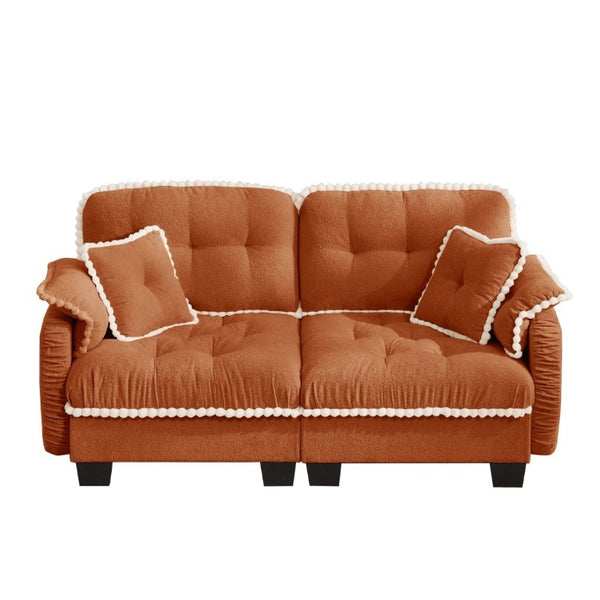 English Elm Chenille Cloud Loveseat with Pom Trim Quilted Tufted Cushions and Ottoman for Compact Living Orange W714S01896