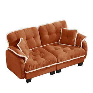English Elm Chenille Cloud Loveseat with Pom Trim Quilted Tufted Cushions and Ottoman for Compact Living Orange W714S01896