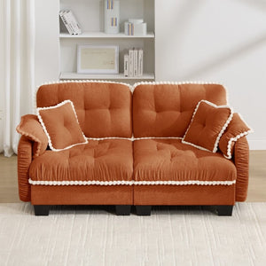 English Elm Chenille Cloud Loveseat with Pom Trim Quilted Tufted Cushions and Ottoman for Compact Living Orange W714S01896
