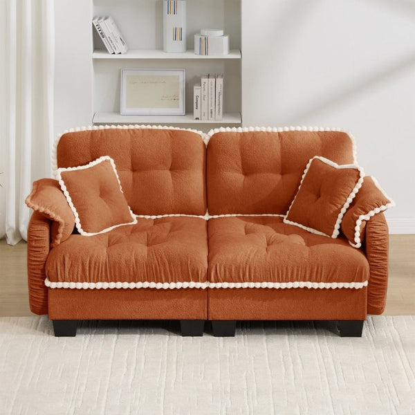 English Elm Chenille Cloud Loveseat with Pom Trim Quilted Tufted Cushions and Ottoman for Compact Living Orange W714S01896