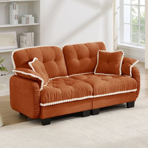 English Elm Chenille Cloud Loveseat with Pom Trim Quilted Tufted Cushions and Ottoman for Compact Living Orange W714S01896