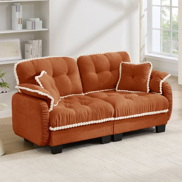 English Elm Chenille Cloud Loveseat with Pom Trim Quilted Tufted Cushions and Ottoman for Compact Living Orange W714S01896