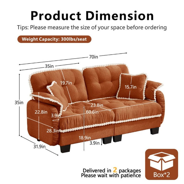 English Elm Chenille Cloud Loveseat with Pom Trim Quilted Tufted Cushions and Ottoman for Compact Living Orange W714S01896