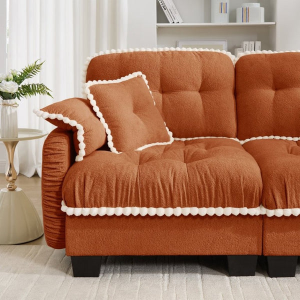 English Elm Chenille Cloud Loveseat with Pom Trim Quilted Tufted Cushions and Ottoman for Compact Living Orange W714S01896