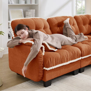 English Elm Chenille Cloud Loveseat with Pom Trim Quilted Tufted Cushions and Ottoman for Compact Living Orange W714S01896