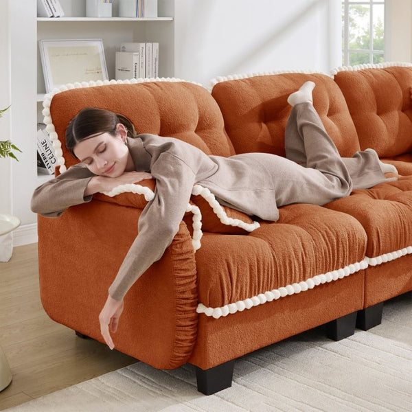 English Elm Chenille Cloud Loveseat with Pom Trim Quilted Tufted Cushions and Ottoman for Compact Living Orange W714S01896