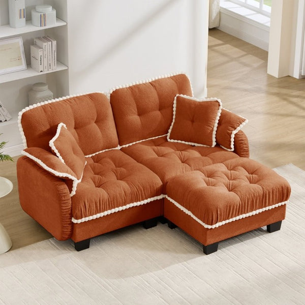 English Elm Chenille Cloud Loveseat Sectional with Tufted Cushions Pom Trim and Movable Ottoman Orange W714S01897