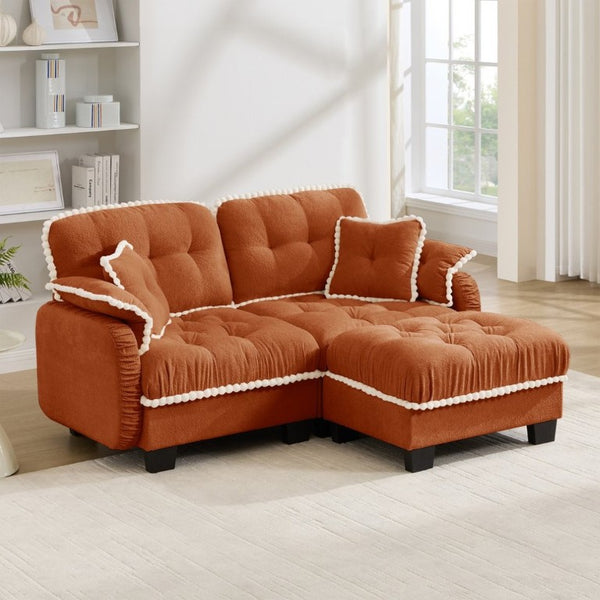 English Elm Chenille Cloud Loveseat Sectional with Tufted Cushions Pom Trim and Movable Ottoman Orange W714S01897