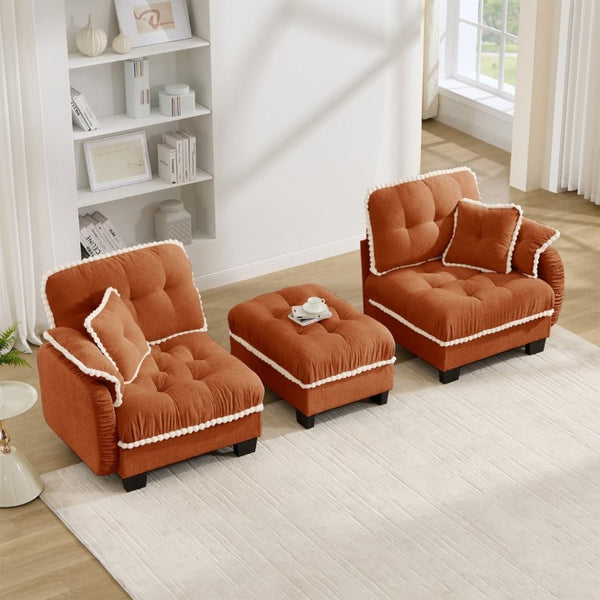 English Elm Chenille Cloud Loveseat Sectional with Tufted Cushions Pom Trim and Movable Ottoman Orange W714S01897