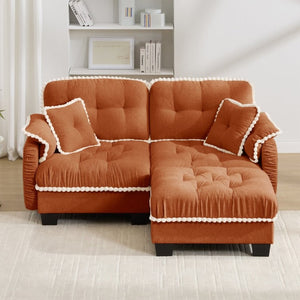 English Elm Chenille Cloud Loveseat Sectional with Tufted Cushions Pom Trim and Movable Ottoman Orange W714S01897