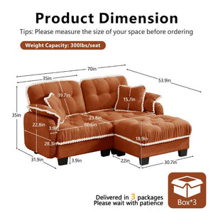 English Elm Chenille Cloud Loveseat Sectional with Tufted Cushions Pom Trim and Movable Ottoman Orange W714S01897