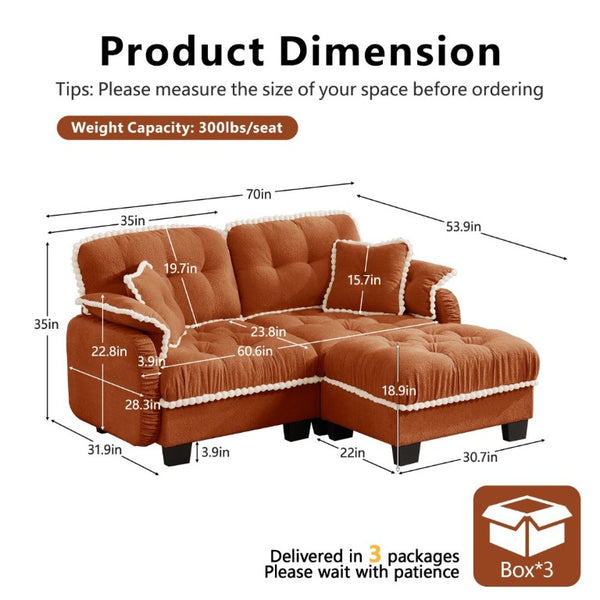 English Elm Chenille Cloud Loveseat Sectional with Tufted Cushions Pom Trim and Movable Ottoman Orange W714S01897