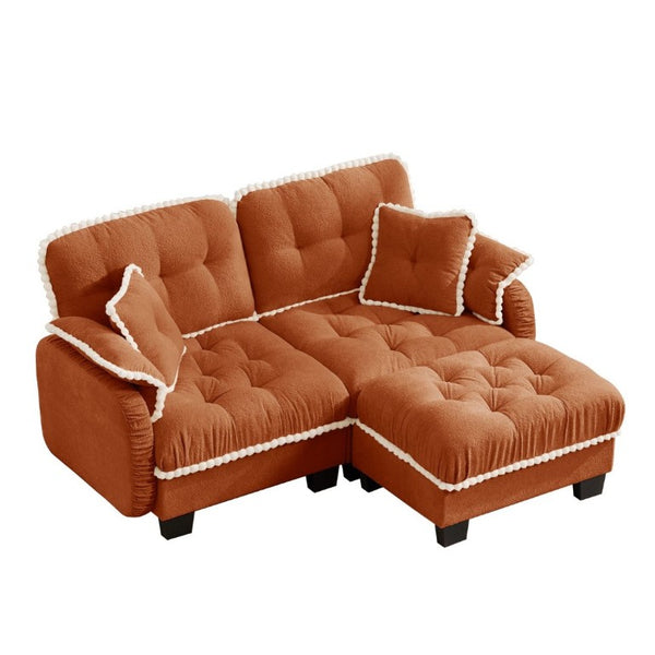 English Elm Chenille Cloud Loveseat Sectional with Tufted Cushions Pom Trim and Movable Ottoman Orange W714S01897