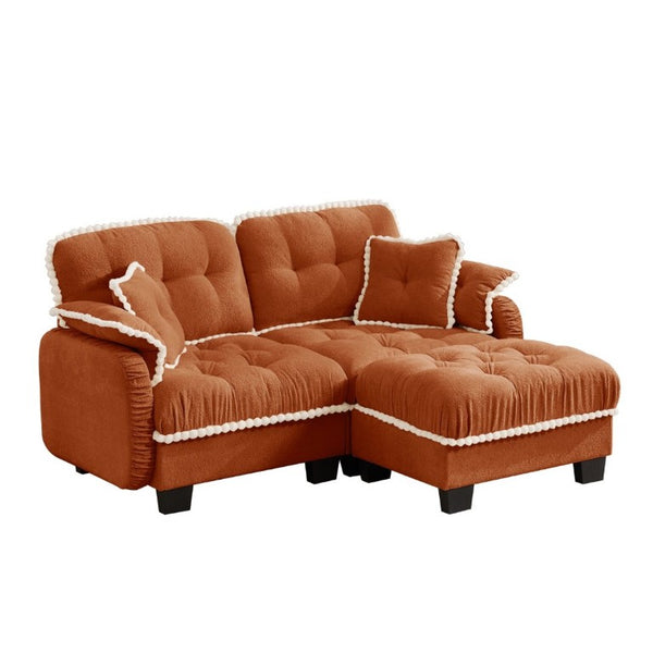 English Elm Chenille Cloud Loveseat Sectional with Tufted Cushions Pom Trim and Movable Ottoman Orange W714S01897