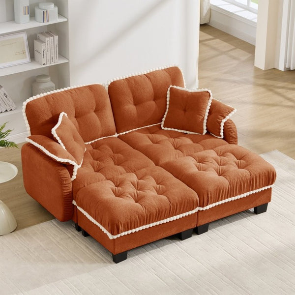 English Elm Chenille Cloud Loveseat with Tufted Cushions Pom-Pom Trim and Movable Ottoman Orange W714S01898
