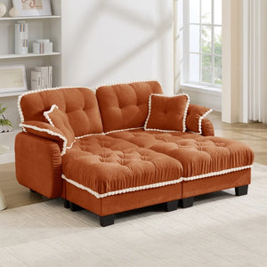 English Elm Chenille Cloud Loveseat with Tufted Cushions Pom-Pom Trim and Movable Ottoman Orange W714S01898