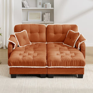 English Elm Chenille Cloud Loveseat with Tufted Cushions Pom-Pom Trim and Movable Ottoman Orange W714S01898