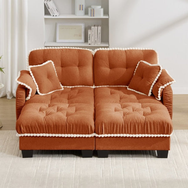 English Elm Chenille Cloud Loveseat with Tufted Cushions Pom-Pom Trim and Movable Ottoman Orange W714S01898