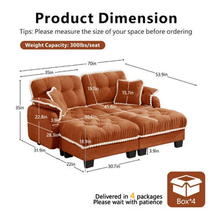 English Elm Chenille Cloud Loveseat with Tufted Cushions Pom-Pom Trim and Movable Ottoman Orange W714S01898