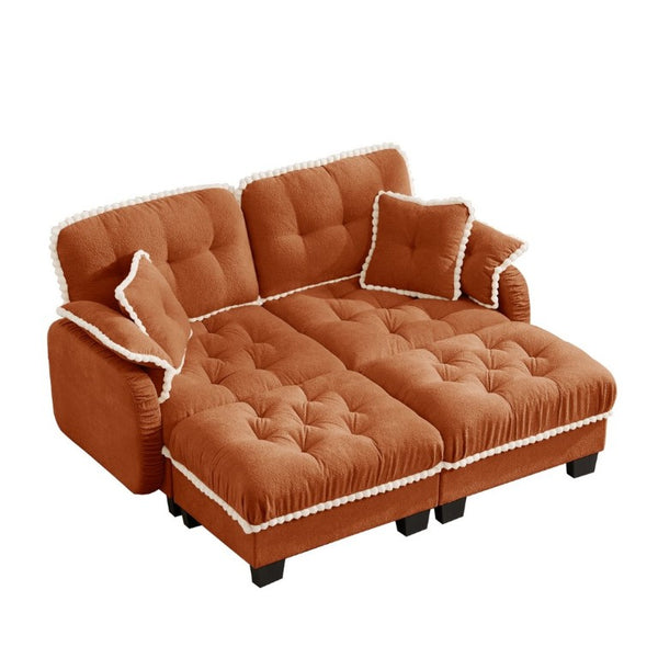 English Elm Chenille Cloud Loveseat with Tufted Cushions Pom-Pom Trim and Movable Ottoman Orange W714S01898