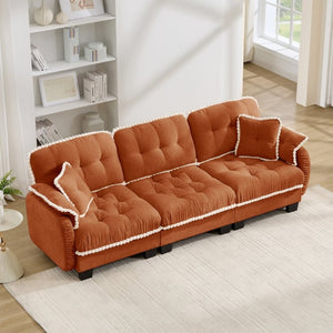 English Elm Chenille Cloud Sofa Three Seat Tufted Cushions Pom Trim Ergonomic Living Room Couch Orange W714S01899