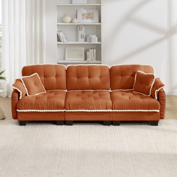 English Elm Chenille Cloud Sofa Three Seat Tufted Cushions Pom Trim Ergonomic Living Room Couch Orange W714S01899