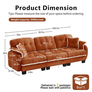 English Elm Chenille Cloud Sofa Three Seat Tufted Cushions Pom Trim Ergonomic Living Room Couch Orange W714S01899