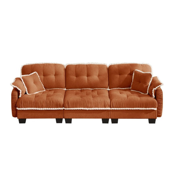 English Elm Chenille Cloud Sofa Three Seat Tufted Cushions Pom Trim Ergonomic Living Room Couch Orange W714S01899