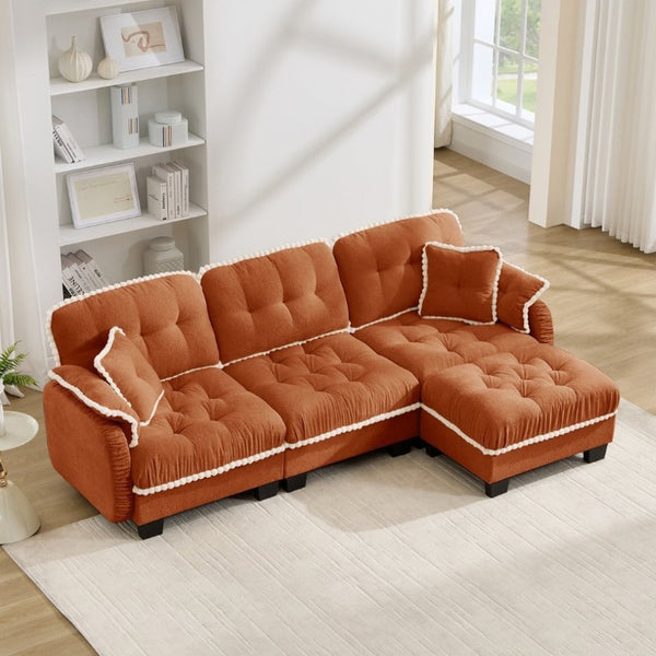 English Elm Chenille Cloud Sectional Sofa with Quilted Tufted Cushions and Movable Ottoman Lounge Seat Orange W714S01900