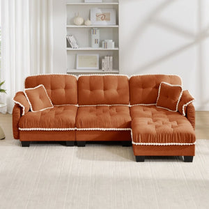 English Elm Chenille Cloud Sectional Sofa with Quilted Tufted Cushions and Movable Ottoman Lounge Seat Orange W714S01900