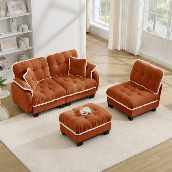 English Elm Chenille Cloud Sectional Sofa with Quilted Tufted Cushions and Movable Ottoman Lounge Seat Orange W714S01900