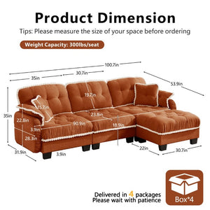 English Elm Chenille Cloud Sectional Sofa with Quilted Tufted Cushions and Movable Ottoman Lounge Seat Orange W714S01900
