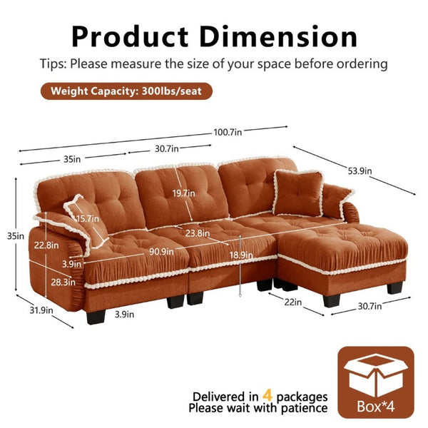 English Elm Chenille Cloud Sectional Sofa with Quilted Tufted Cushions and Movable Ottoman Lounge Seat Orange W714S01900