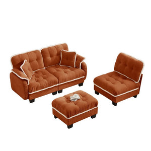 English Elm Chenille Cloud Sectional Sofa with Quilted Tufted Cushions and Movable Ottoman Lounge Seat Orange W714S01900