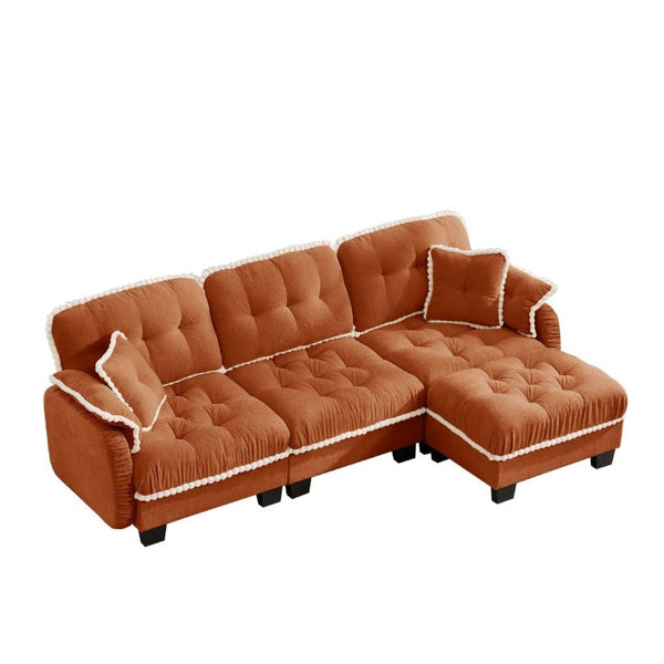 English Elm Chenille Cloud Sectional Sofa with Quilted Tufted Cushions and Movable Ottoman Lounge Seat Orange W714S01900