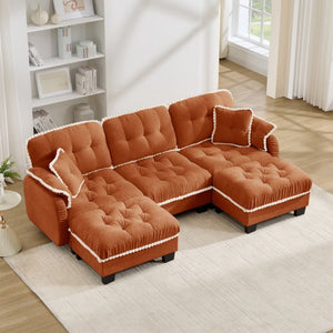 English Elm Chenille U-Shaped Sectional Sofa with Tufted Cushions Pom-Pom Trim and Movable Ottoman Orange W714S01901