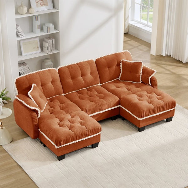 English Elm Chenille U-Shaped Sectional Sofa with Tufted Cushions Pom-Pom Trim and Movable Ottoman Orange W714S01901