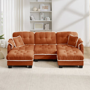 English Elm Chenille U-Shaped Sectional Sofa with Tufted Cushions Pom-Pom Trim and Movable Ottoman Orange W714S01901
