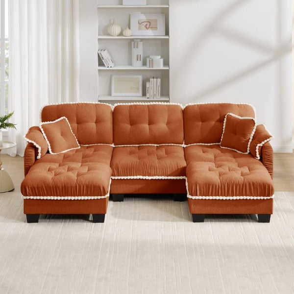 English Elm Chenille U-Shaped Sectional Sofa with Tufted Cushions Pom-Pom Trim and Movable Ottoman Orange W714S01901