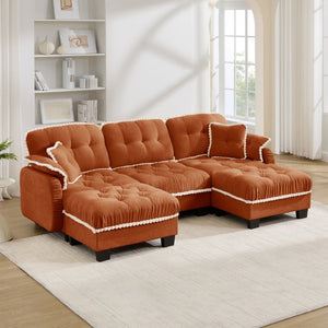 English Elm Chenille U-Shaped Sectional Sofa with Tufted Cushions Pom-Pom Trim and Movable Ottoman Orange W714S01901